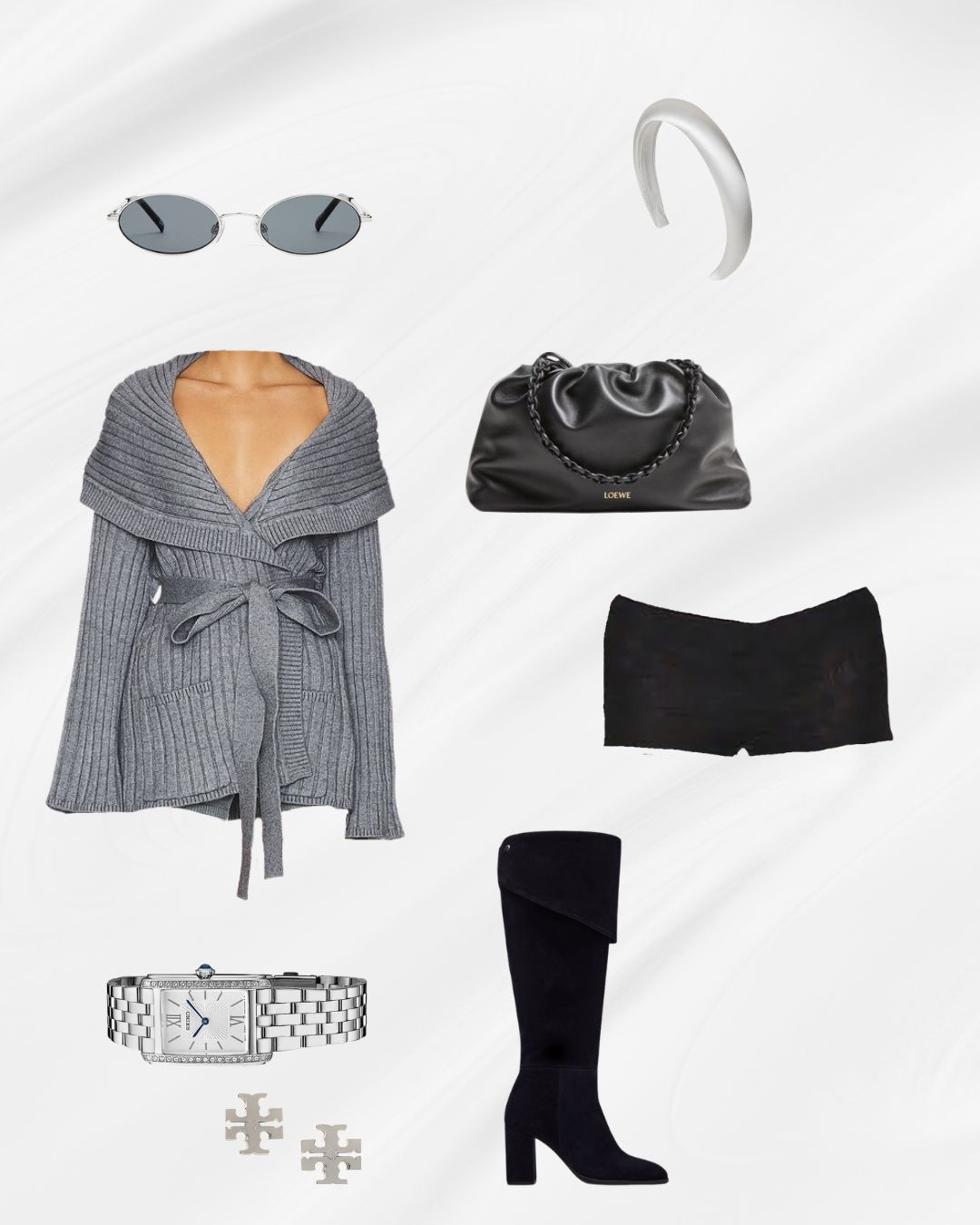 ChicFindsForLife pin, grey sweater and tweed skirt board